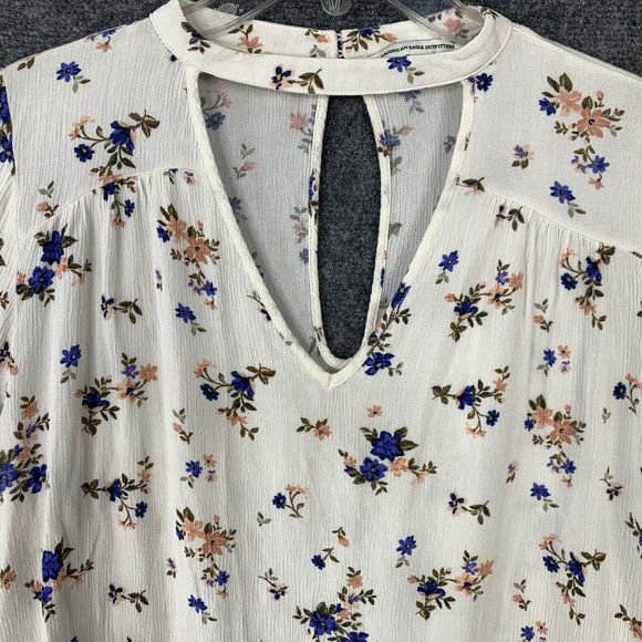 American Eagle Cream Floral Long Sleeved Ruffled Crepe Rayon Keyhole Top Sz XL - Picture 2 of 11